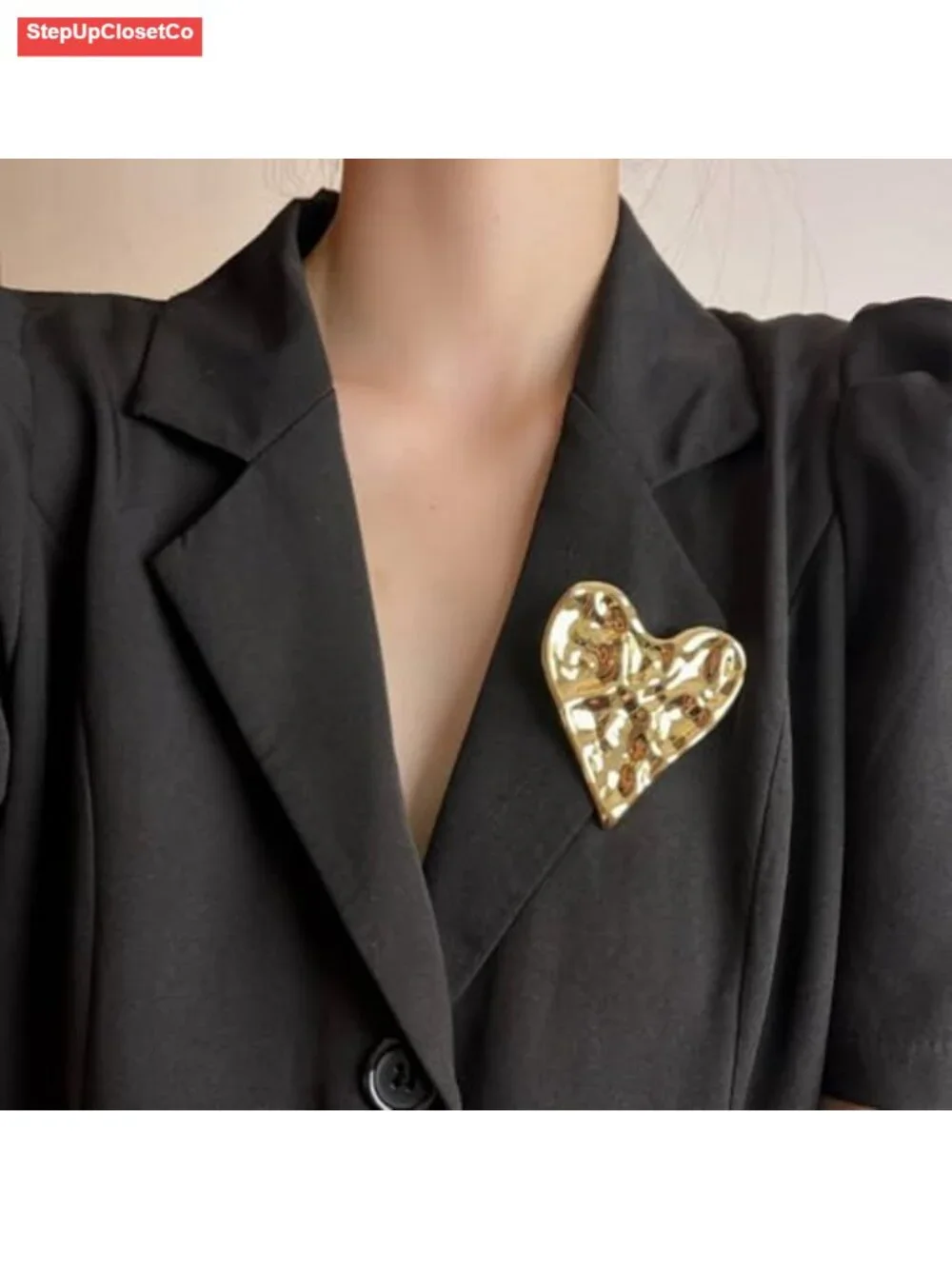 Irregular Hammered Chunky Heart Brooch Pin for Women, Lustrous Gold Finish